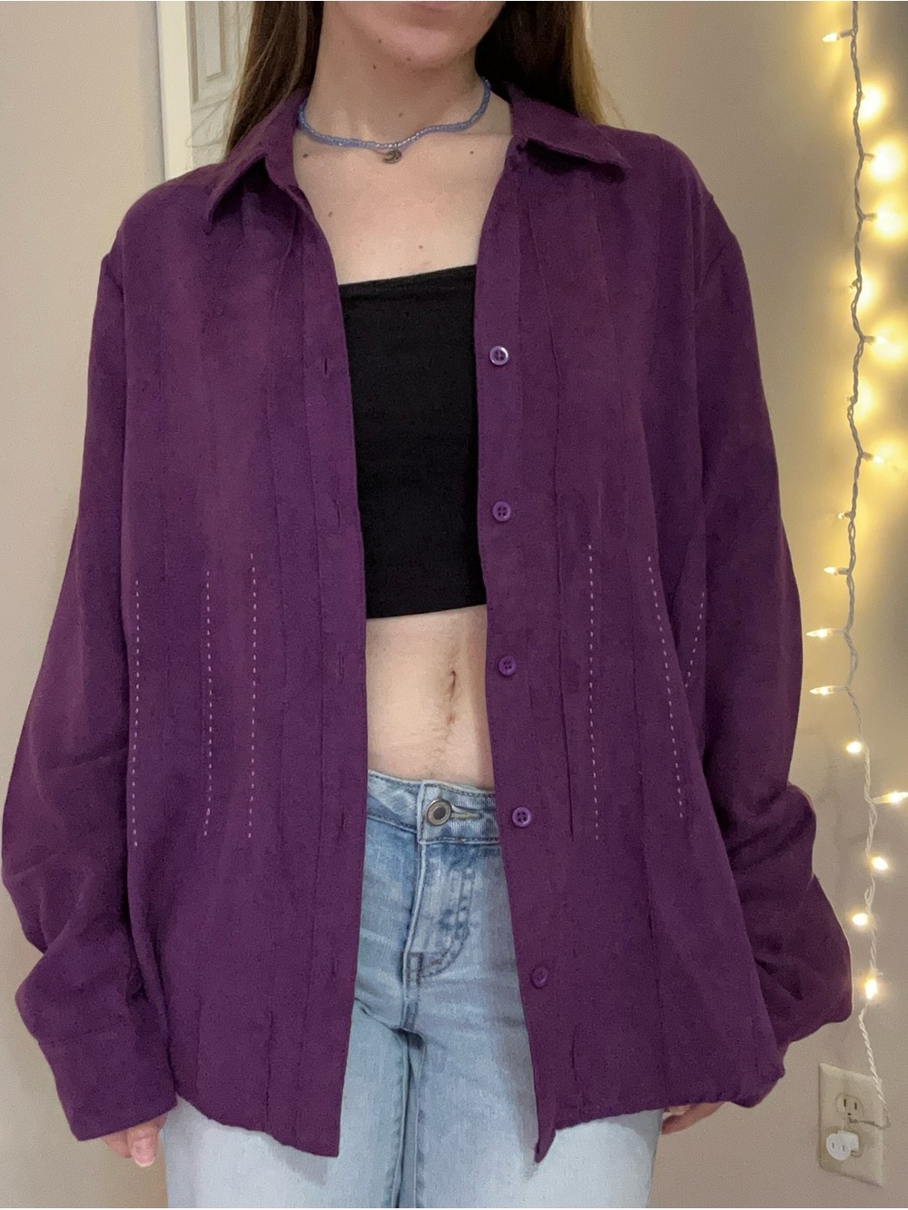 Purple Faux Suede Button Up Blouse